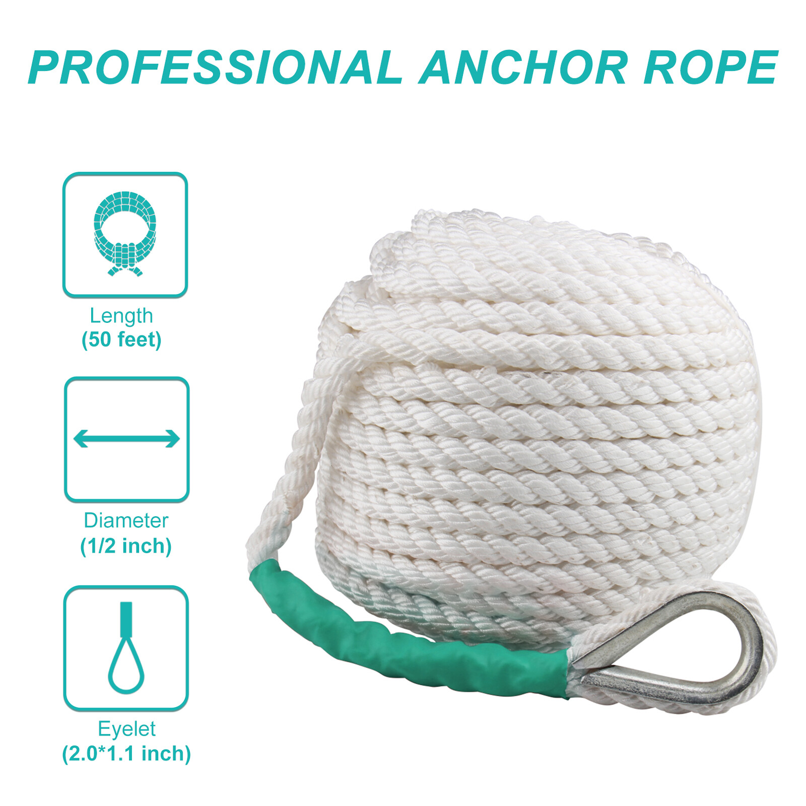 1/2inch 200FT Twisted 3 Strand Nylon Anchor Rope Braided Boat Line w/ Thimble