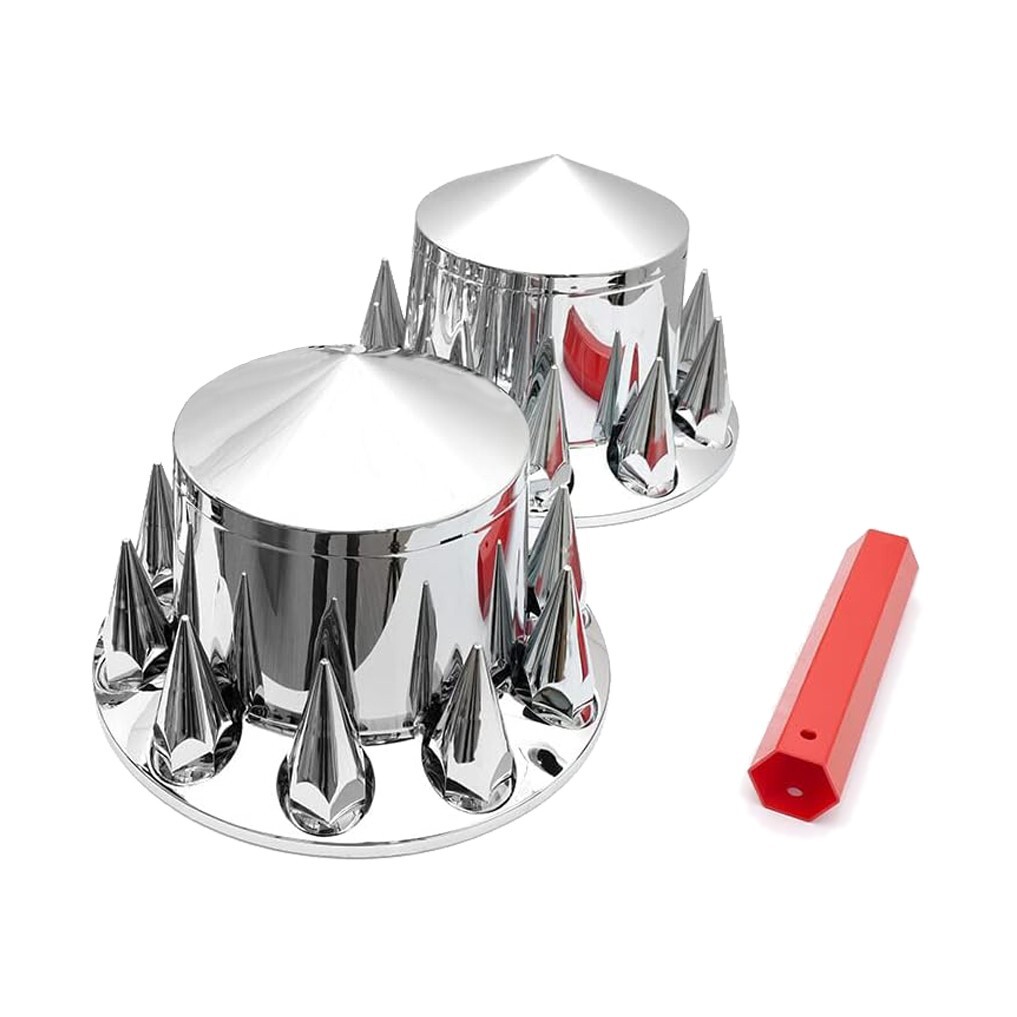 Chrome Rear Axle Wheel Cover w/ 33mm Spiked Lug Nut Cover for Semi Truck Hubcaps