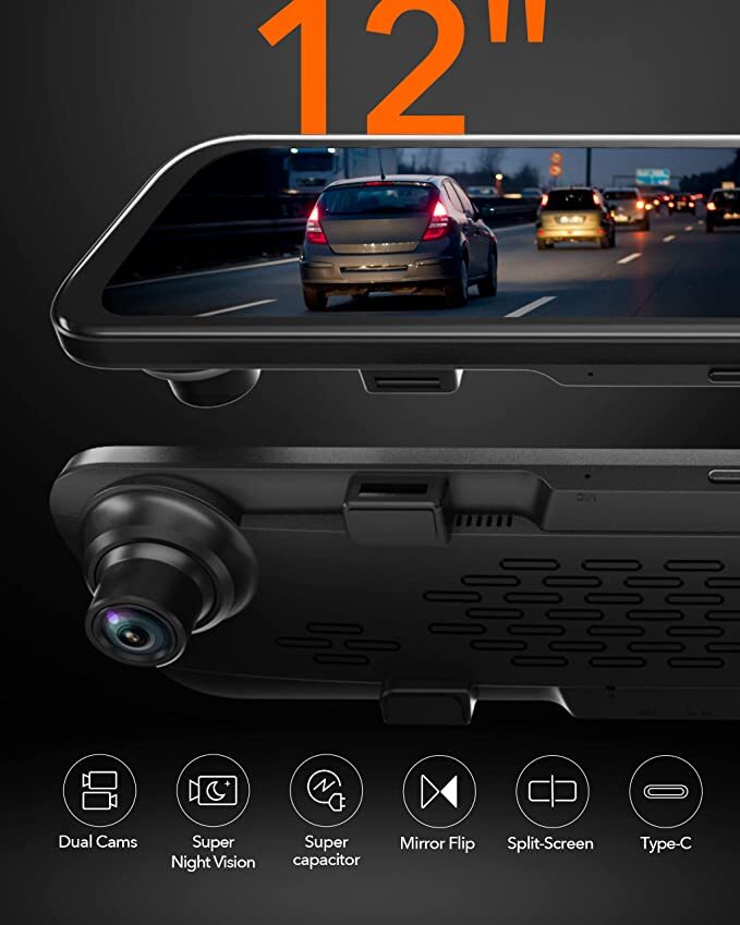 WOLFBOX G840S Mirror Dash Cam 4K 12″ Dash Camera Backup Camera Full HD Free SD