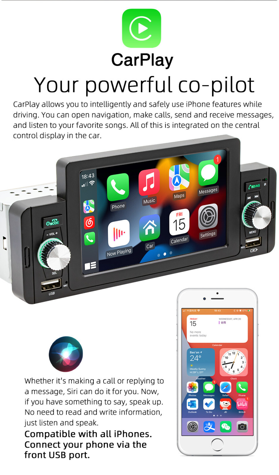 5in Car MP5 Player Bluetooth Mirror Link In-Dash For Apple CarPlay Android Auto