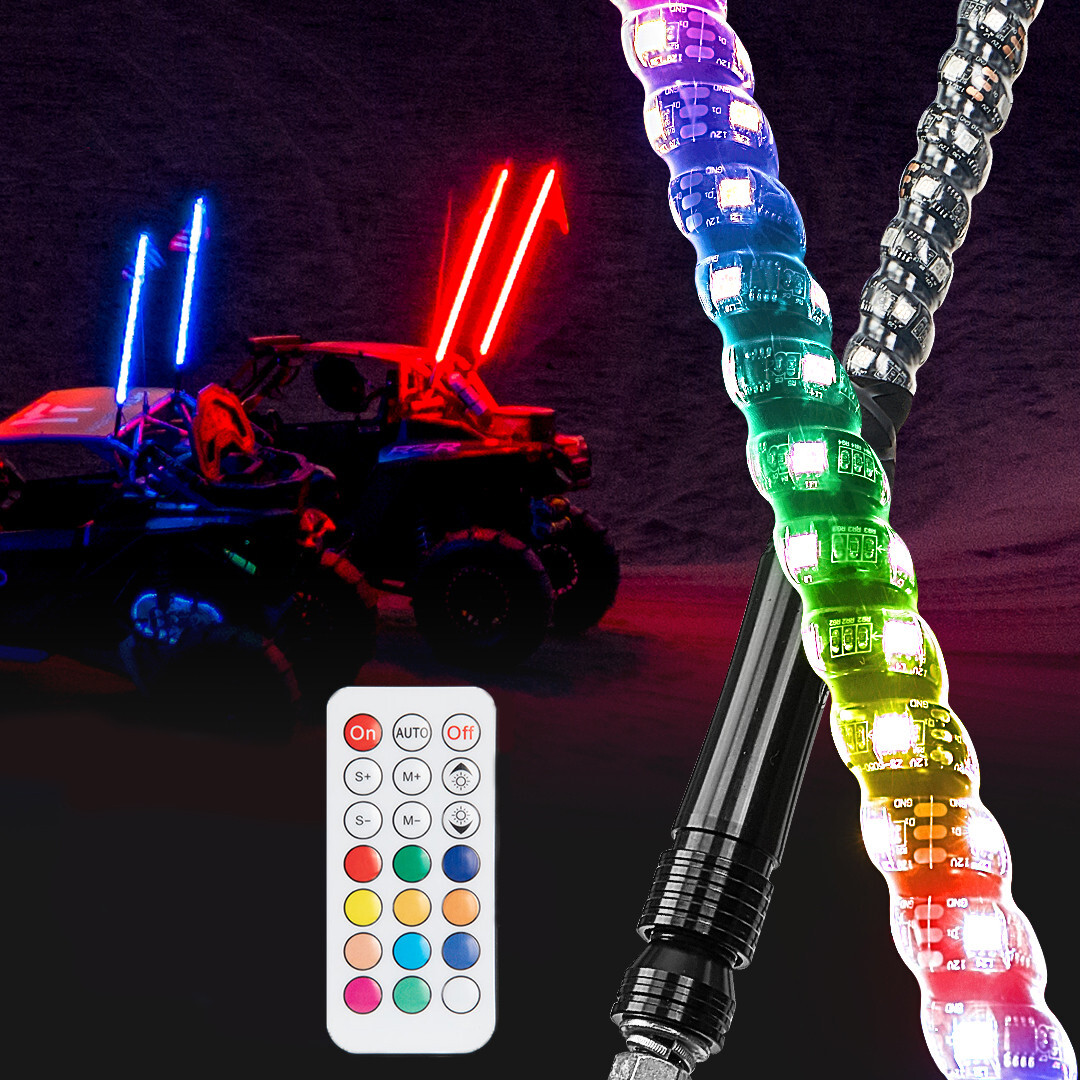 Pair 2FT Whip Lights LED RGB Spiral Lights 366 Modes Antenna Flag Remote UTV ATV