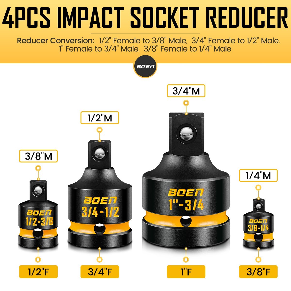 BOEN 8-Piece Impact Socket Adapter & Reducer Set, 1/4, 3/8, 1/2″, 3/4″, Cr-Mo