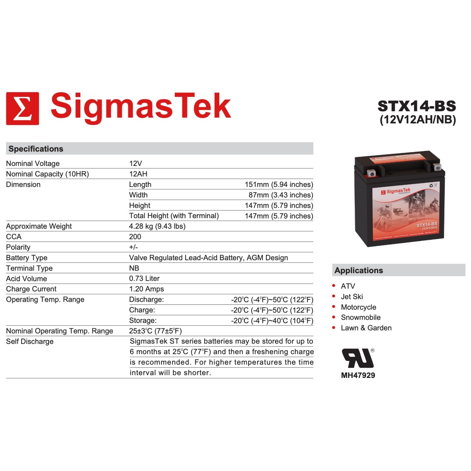Big Crank ETX14 Replacement Motorcycle Battery by SigmasTek