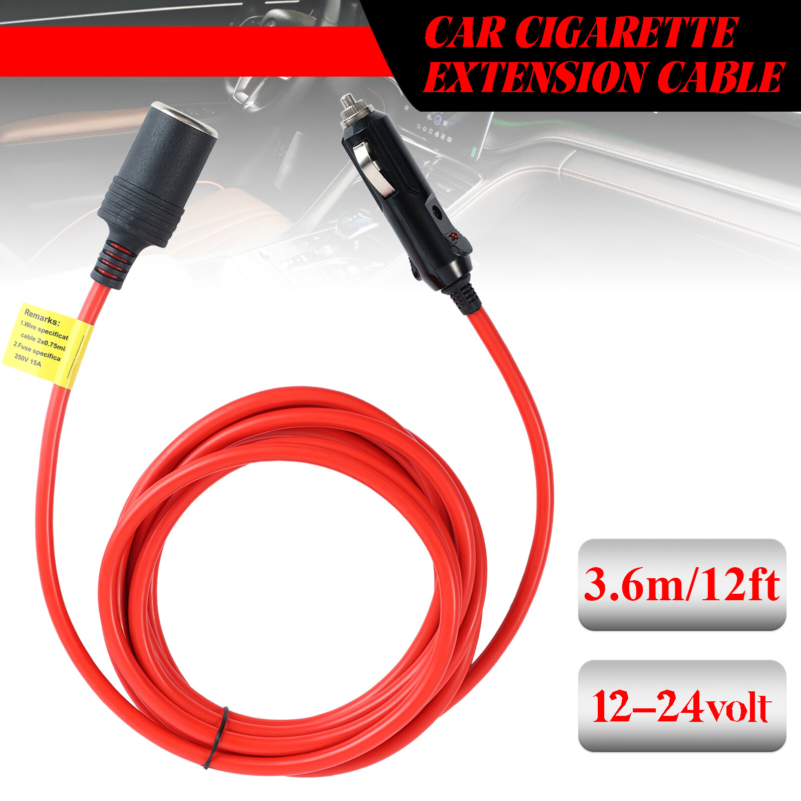 12ft 12V Cigarette Lighter Extension Cord Cable DC Power Heavy Duty Socket Plug.