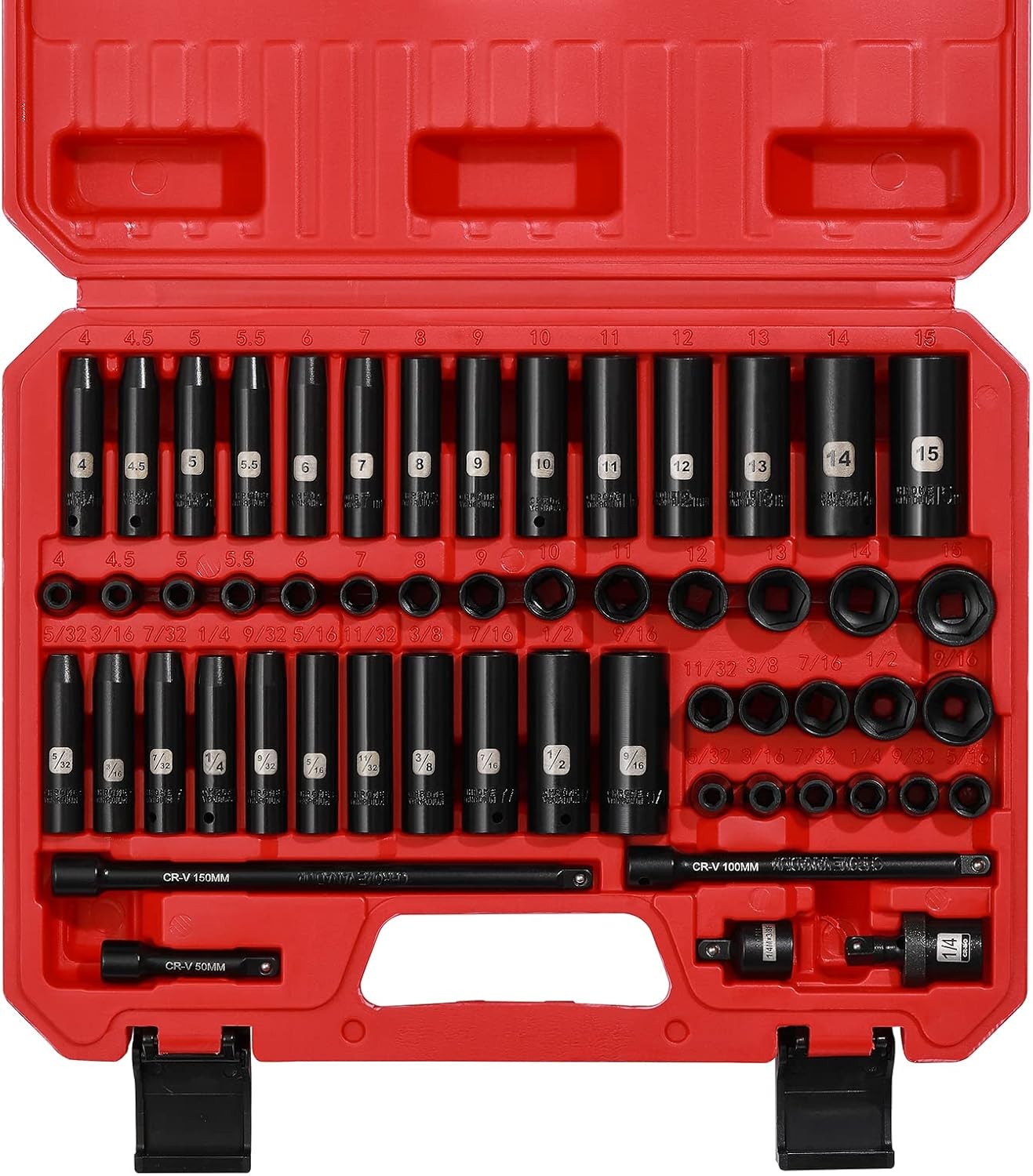 55PCS 1/4″ Drive Impact Socket Set SAE & Metric Deep/Shallow CR-V Steel