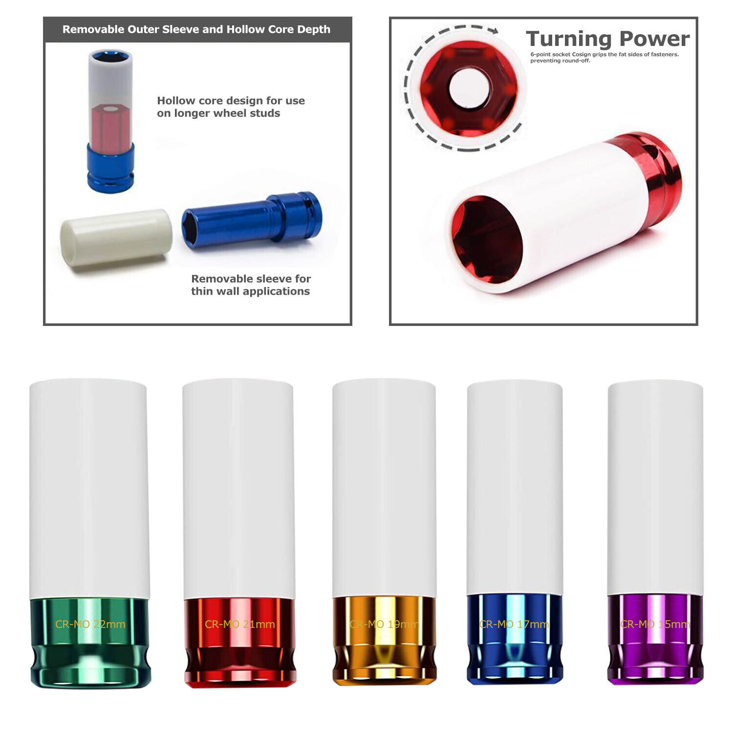 5PC Impact Drive Lug Nut Socket 1/2” Thin Wall Wheel Rim Protector Set 15-22mm