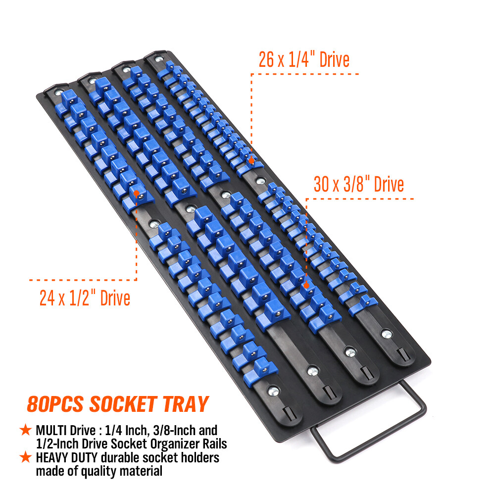 Portable Drive Socket Holder Organizer Metal Tray 80pc ABS Clip Rail 1/4 3/8 1/2
