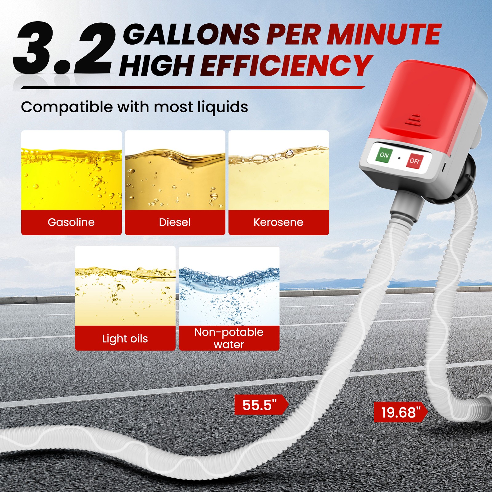2in1 Automatic Portable Fuel Transfer Pump, Auto-Stop for Gas Diesel&Oil 3.2 GPM
