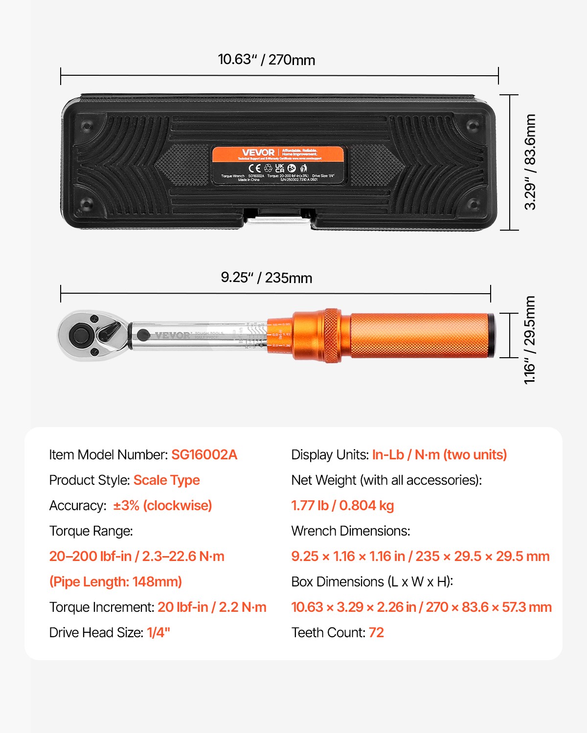 VEVOR Click Torque Wrench Set 1/4 Inch Drive 20-200lbf-in /2.3-22.6N.m 72-Tooth