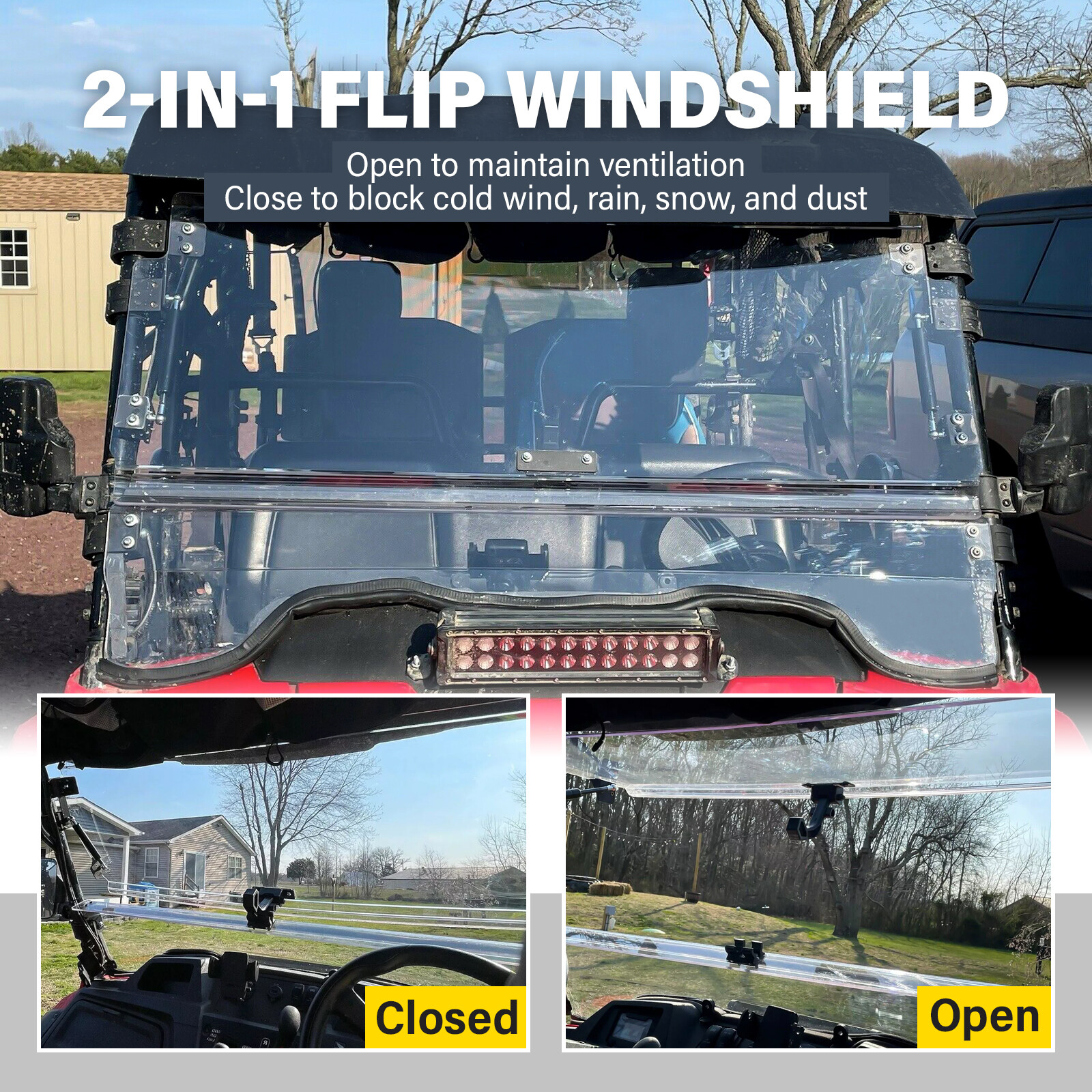 Clear Flip Windshield Scratch Resistant For 14-24 Honda Pioneer 700/700-4 Models