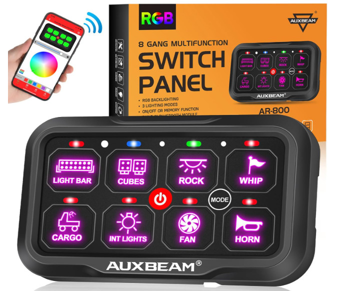 Auxbeam AR-800 RGB 8 Gang Auxiliary Switch Panel Toggle Momentary Pulsed Control