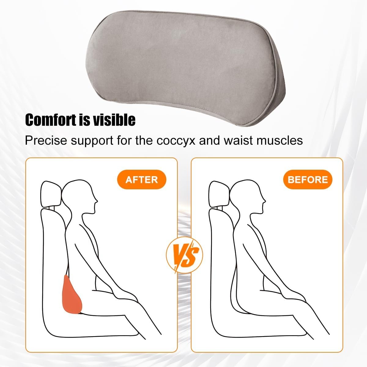 Memory Foam Lumbar Support Pillow, Light Gray Back Cushion Lower Back Pain Relie