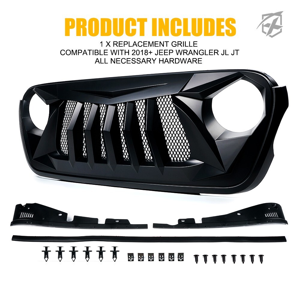 Matte Black Front Grille Grid Grill For 2018-2024 Jeep Wrangler JL Gladiator JT