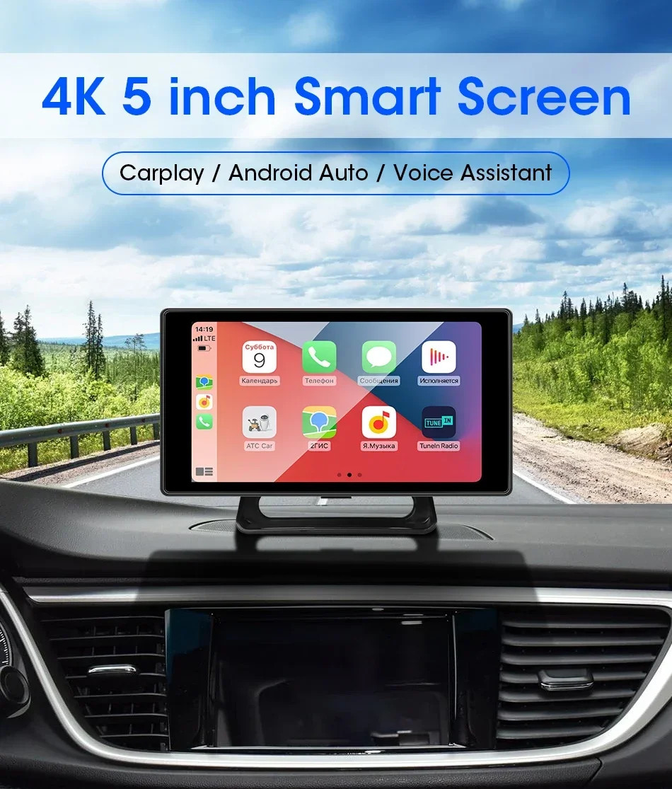 Portable 5 Inch 4K Car DVR Dash Cam Wireless Carplay & Android WIFI GPS