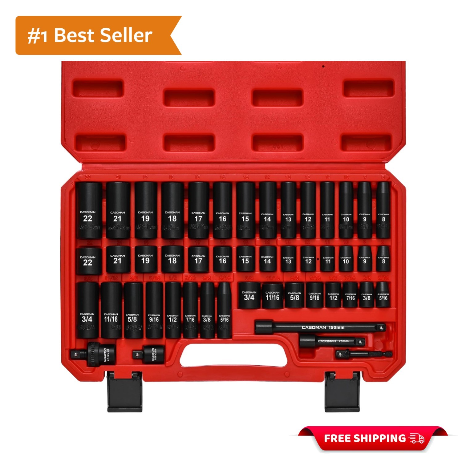 3/8″ Drive Impact Socket Set, 49 Piece Standard SAE and Metric Sizes 5/16-Inc…