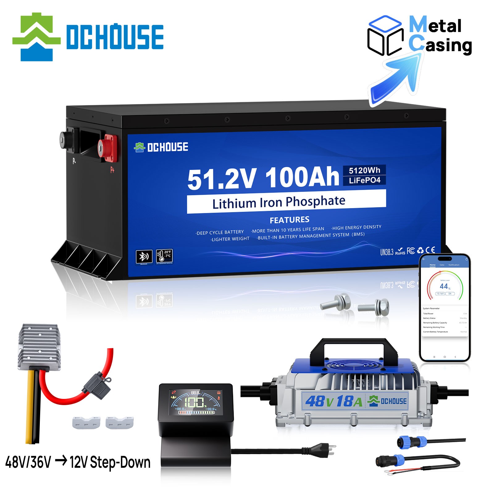 DC HOUSE 48V 100AH Golf Cart Lithium LiFePO4 Battery with 18A Charger Bluetooth