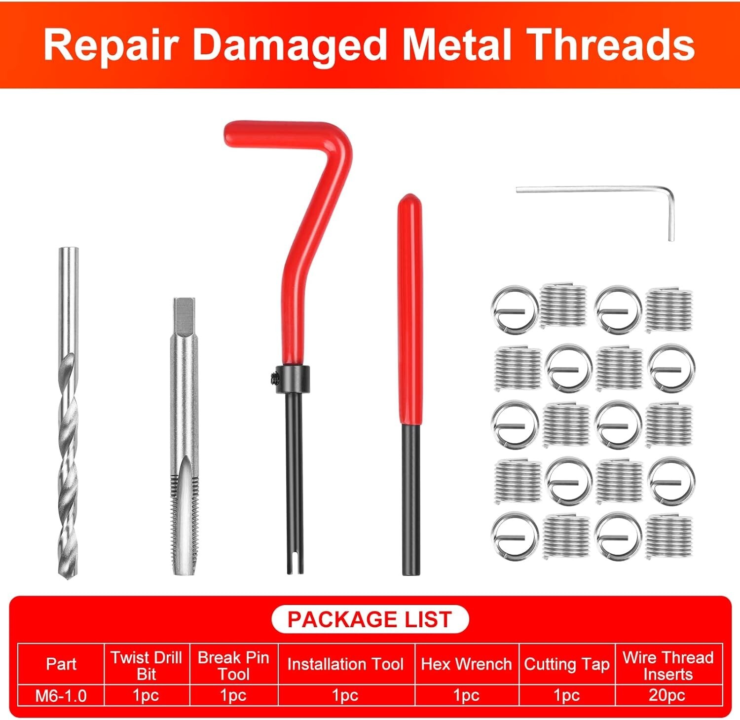 M6x1.0 Thread Repair Kit, 25PC Stainless Steel Helicoil Insert Set