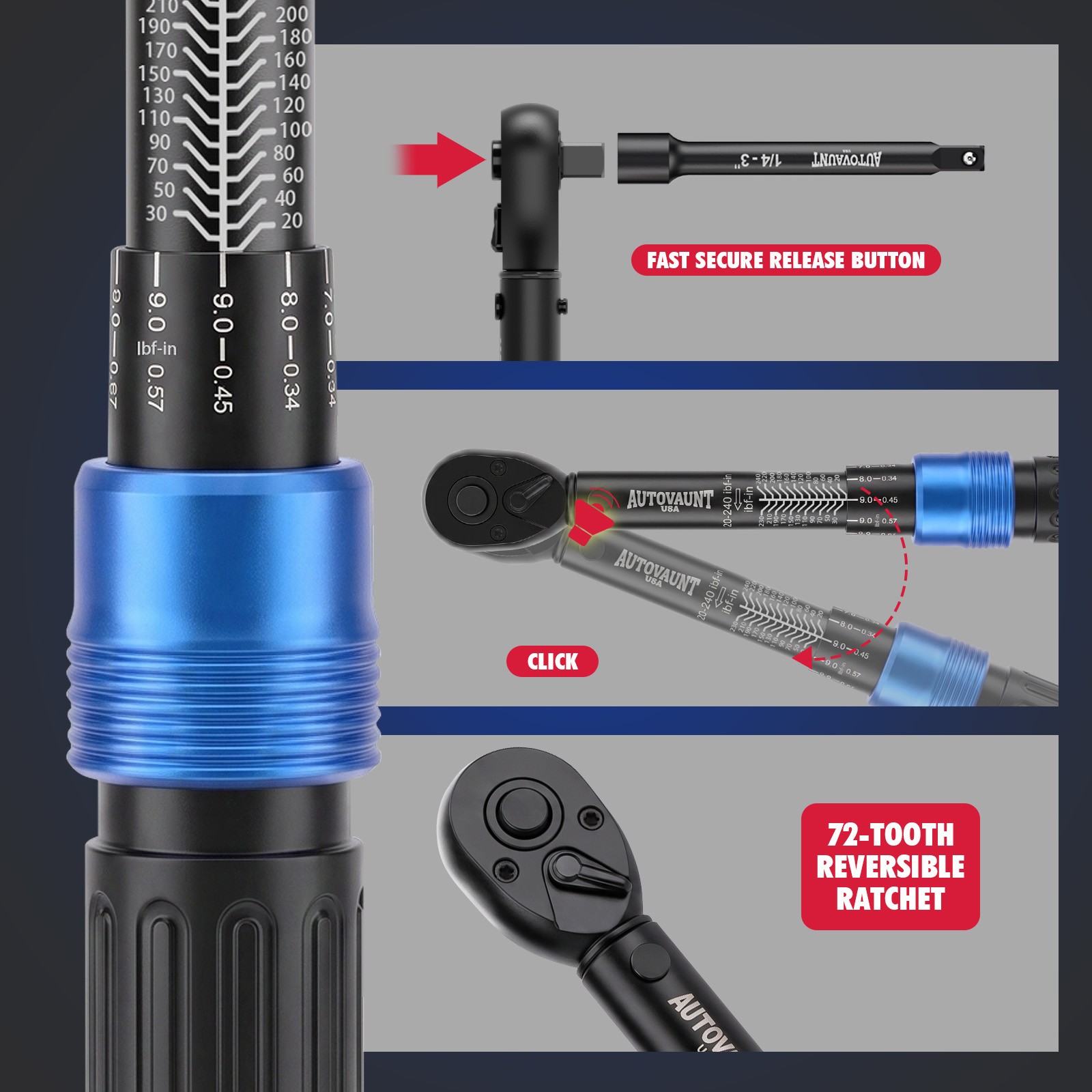 1/4″ Torque Wrench Snap Socket Professional Drive Click Type Ratcheting