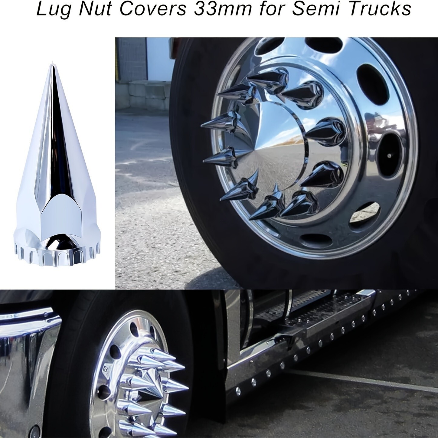 Chrome ABS 33mm Spiked Axle Cover w/ Thread-On Lug Nut Covers for Semi Trucks