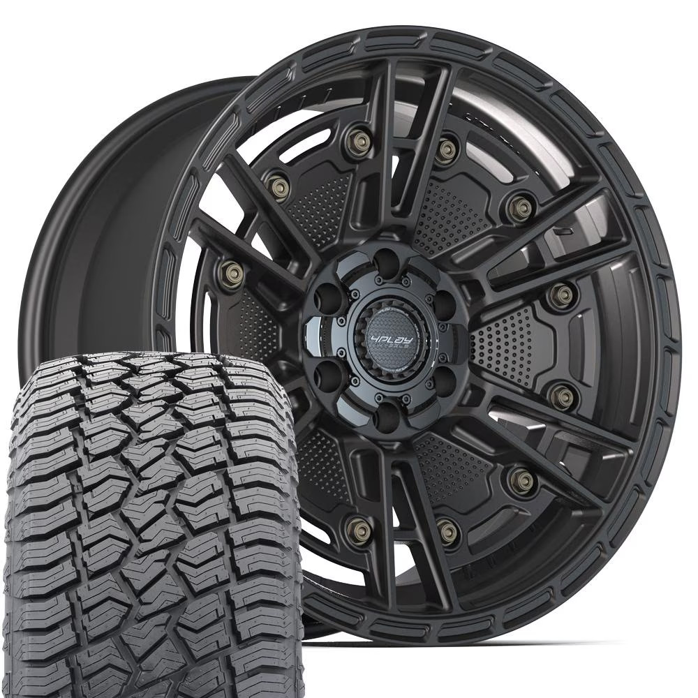 4PS01 20×9 Black 4PLAY Wheels & 275/55R20 AT2 Tires Set Fits Silverado Tahaoe