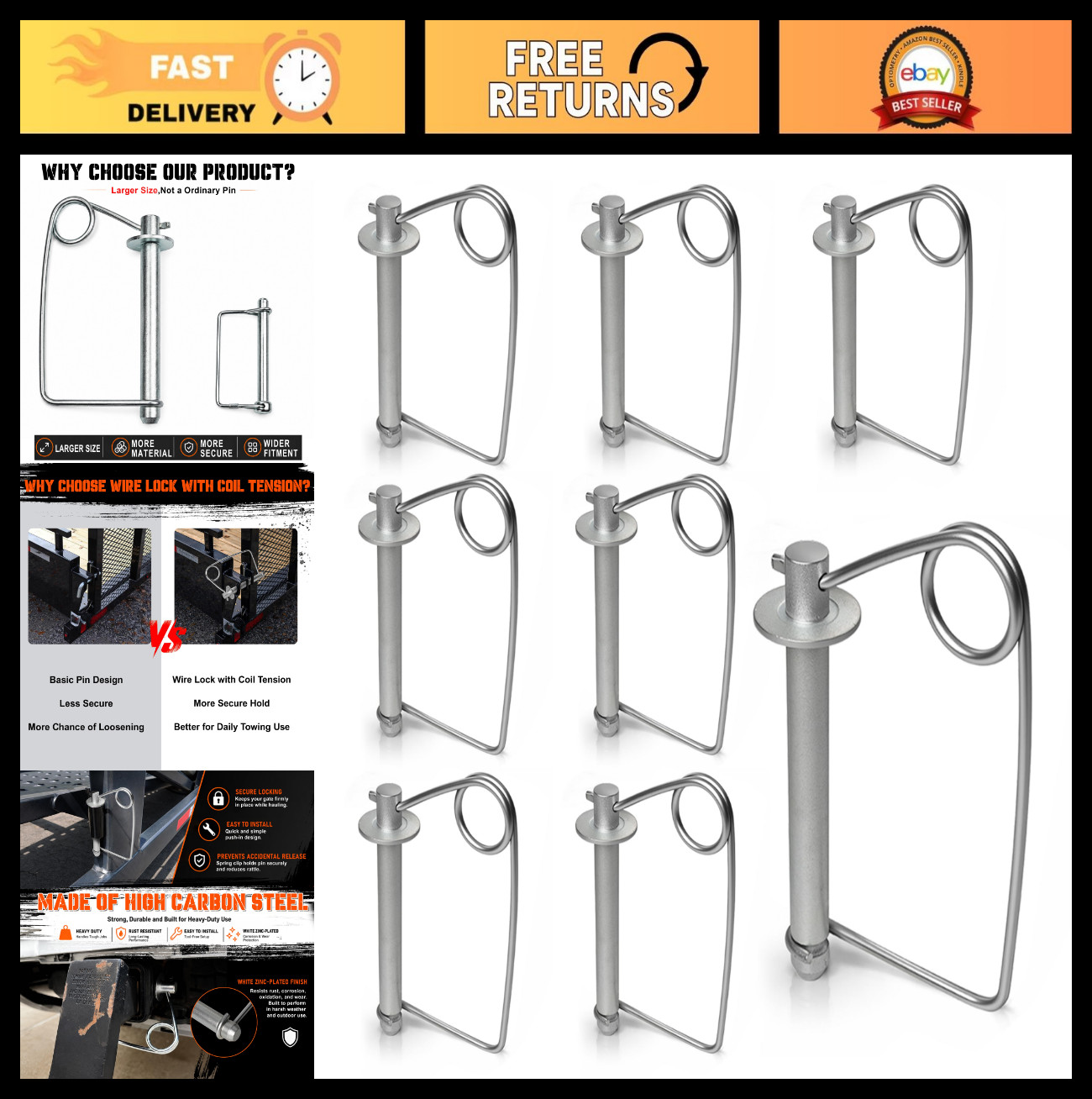5/8″ Locking Trailer Hitch Pin Set – 8-Pack, Heavy Duty Carbon Steel, Galvanized