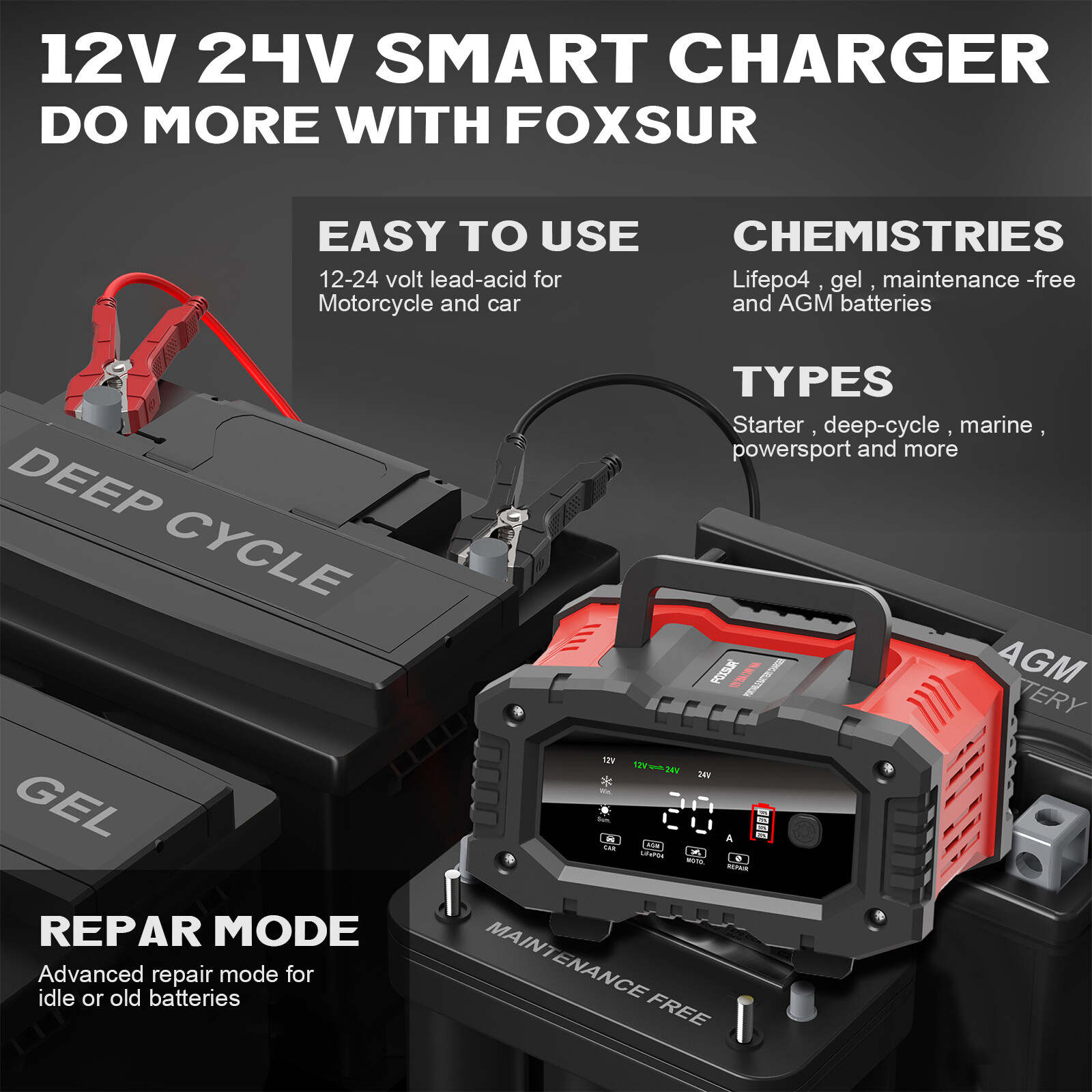 12V-20A 24V-10A Car Battery Charger Car Smart Repair Motorcycle Caravan Boat US