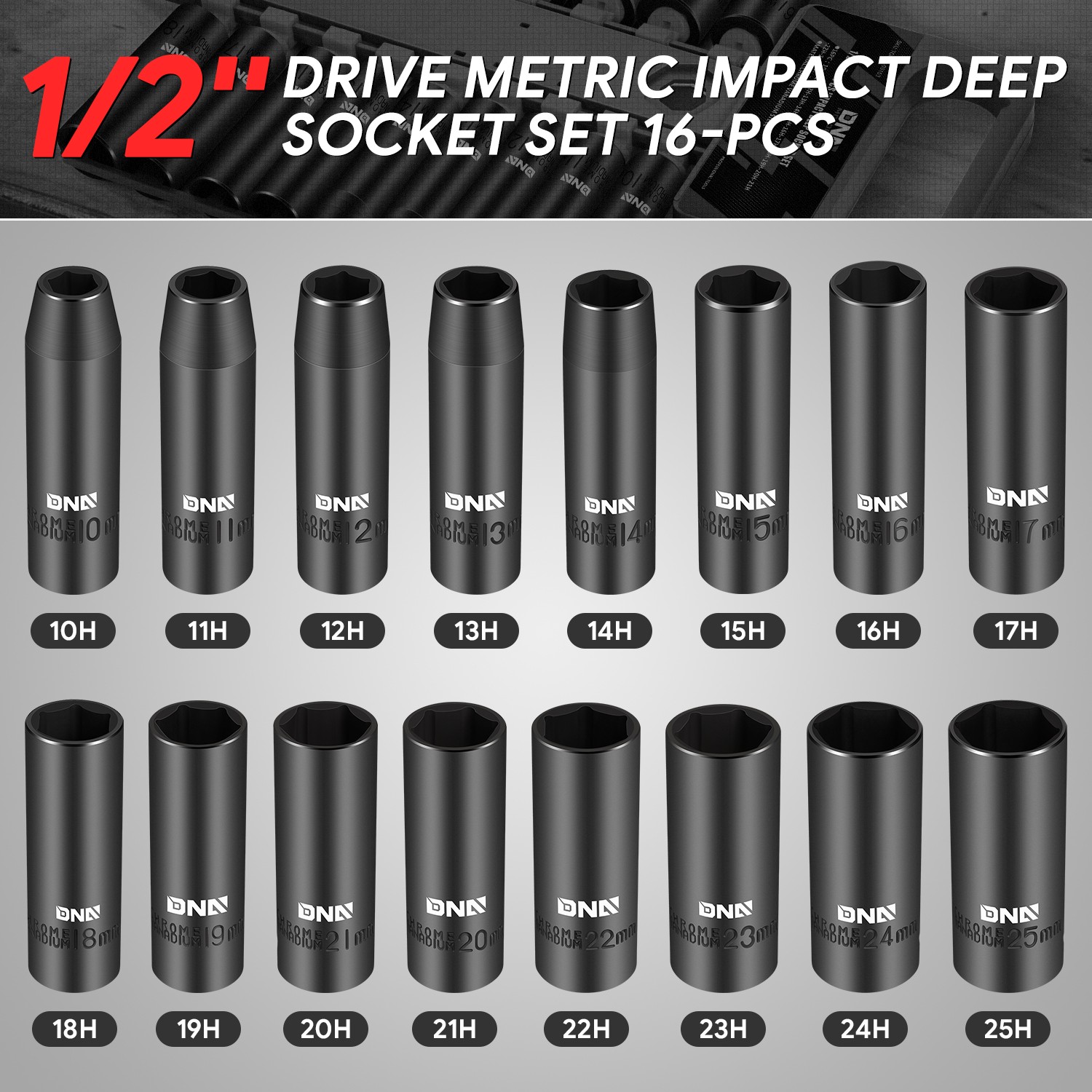 Universal 16Pcs 1/2″ Chrome-Vanadium Steel Drive Metric Deep Impact Socket Set