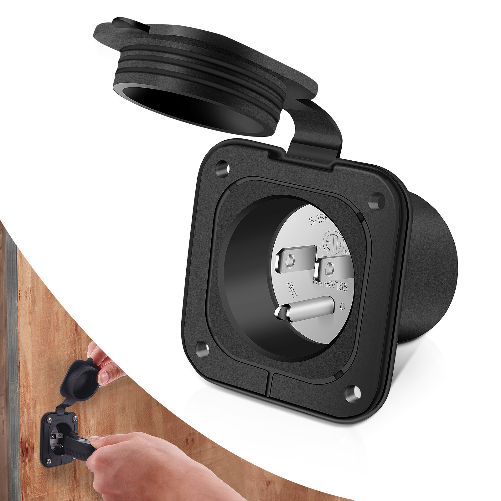 15A Flanged Inlet NEMA 5-15 RV Shore 125V Power Inlet Plug Port w/Waterproof Cap