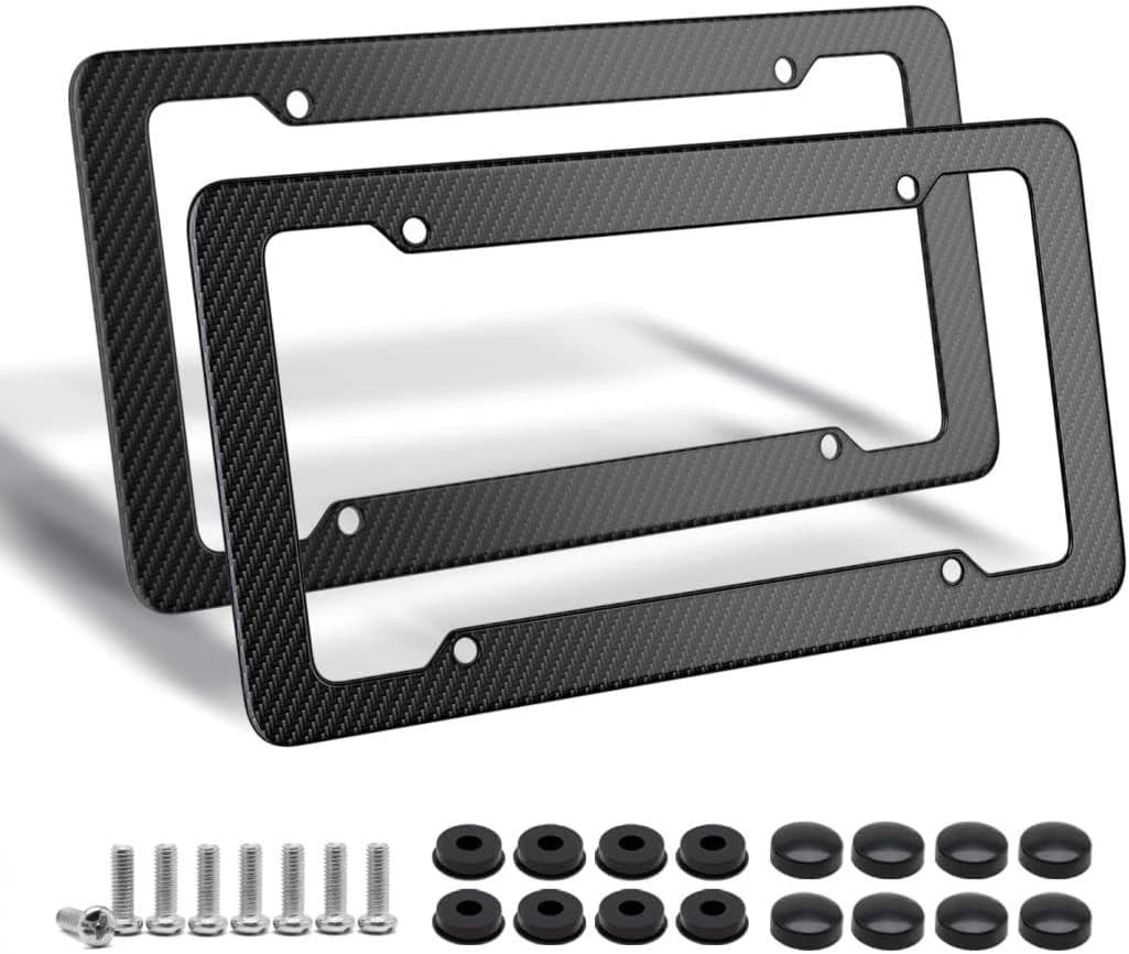 2Pack 4 Hole Carbon Fiber License Plate Frames- Black ABS Plastic Car Tag Holder