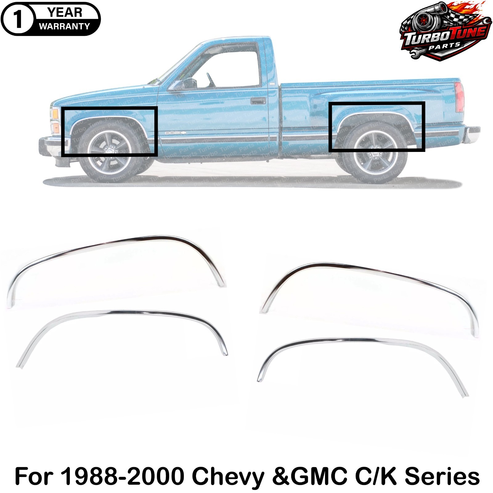 Front&Rear Fender Chrome Trim Moldings LH&RH For 1988-2000 Chevy &GMC C/K Series