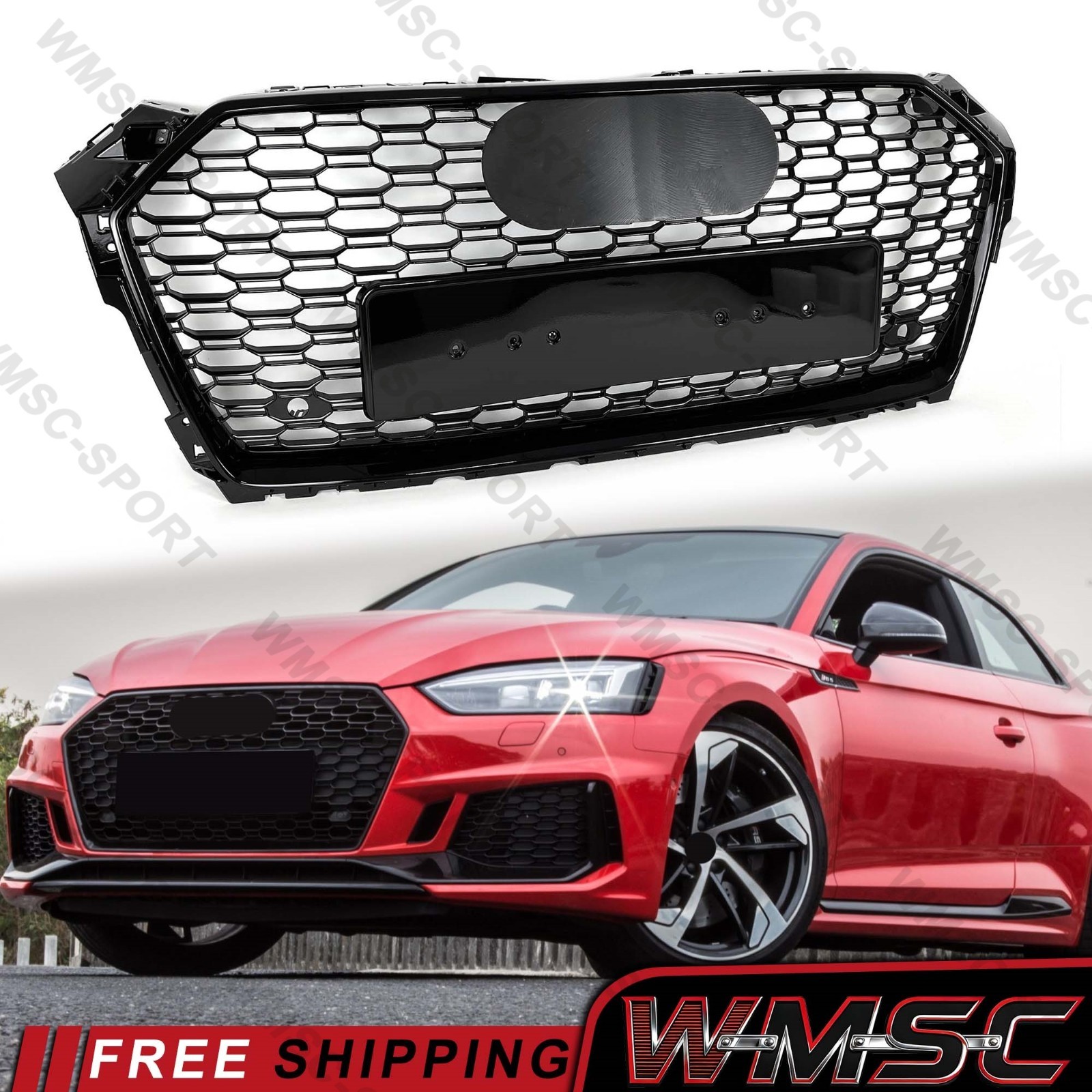 Glossy Black Honeycomb Front Bumper Grille for Audi A5 S5 B9 2017-2019 RS5 Style