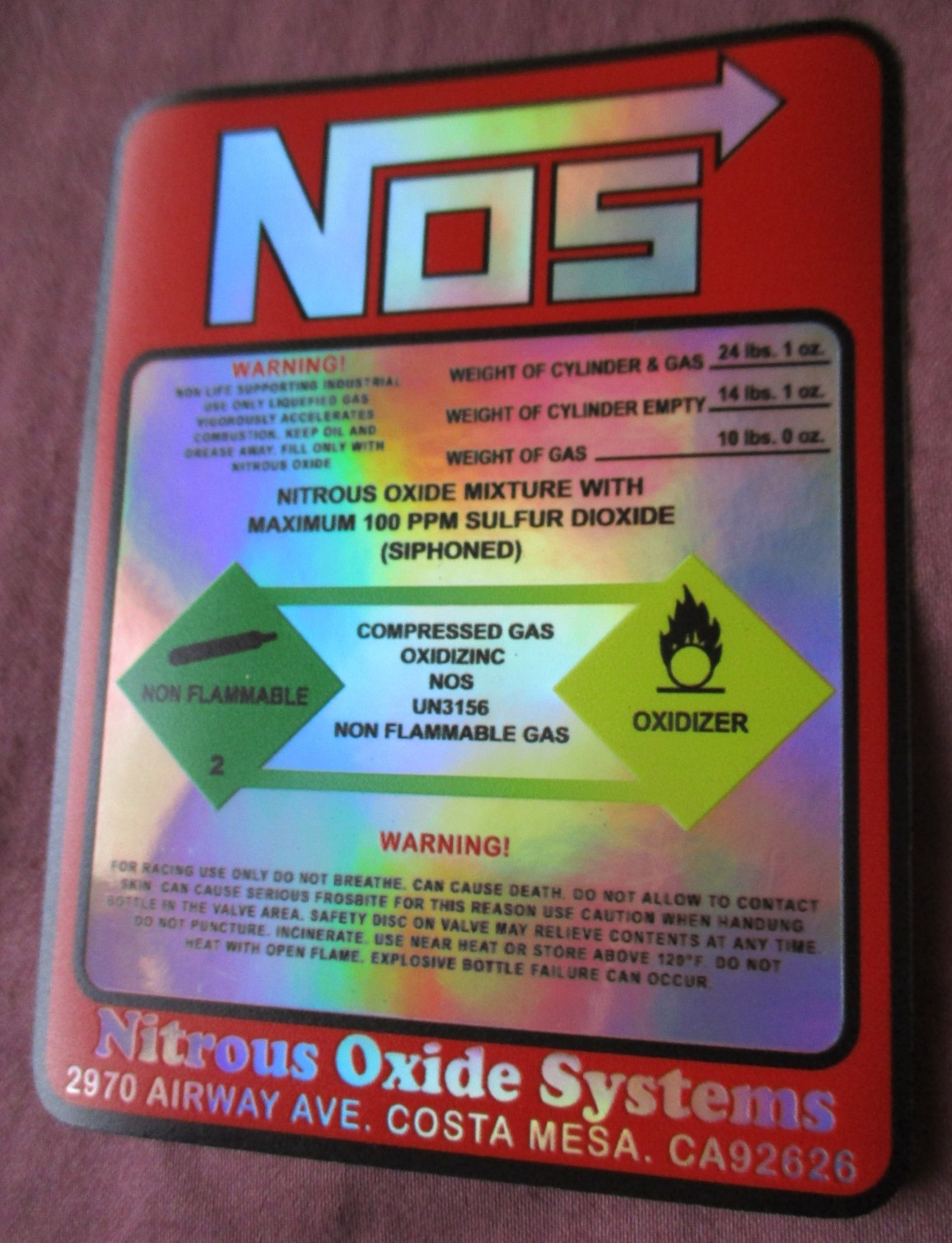 NOS Nitrous Oxide Racing HOLOGRAPHIC Label Decal Sticker FREE SHIPPING