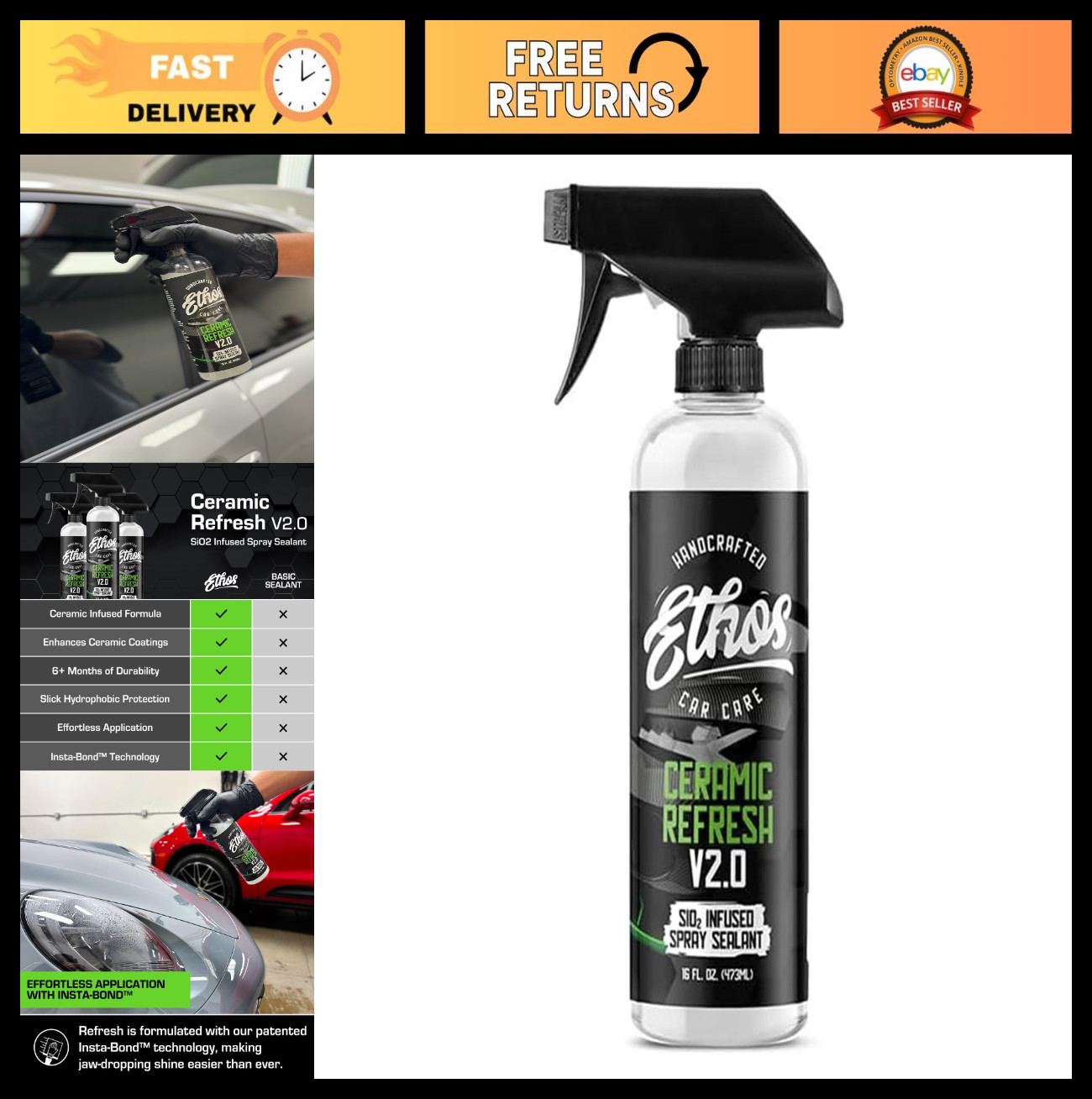 Ceramic Coating Spray & Sealant for Instant Gloss – 6+ Months Car Protection, Si