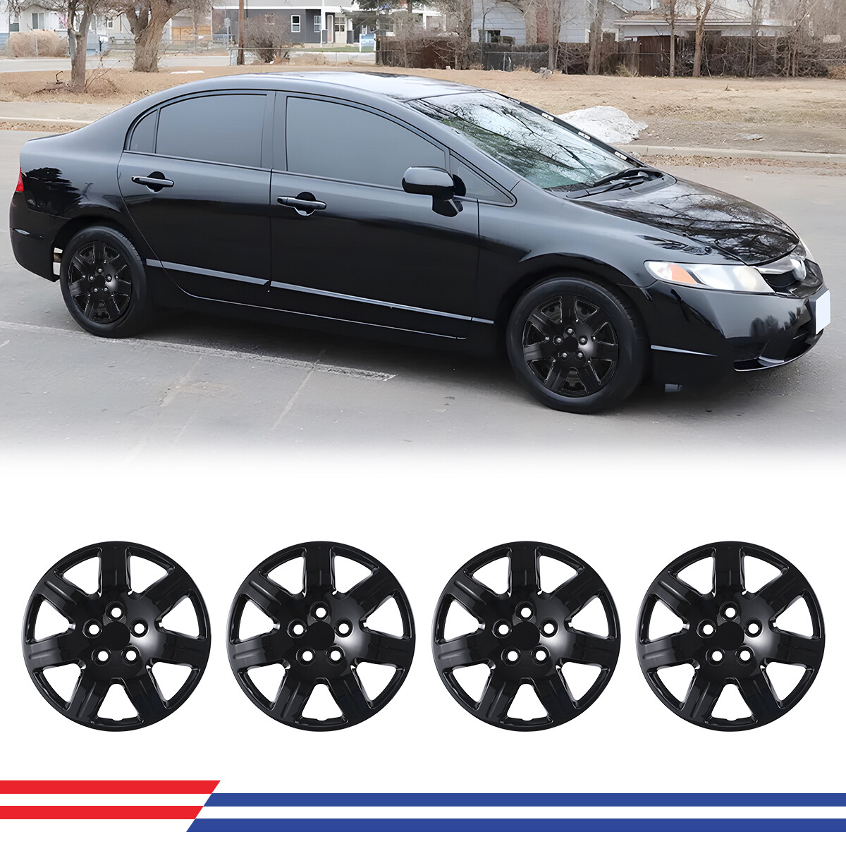 16″ Set of 4 Black Hub Caps Full Rim Wheel Covers for 2006-2011 Honda Civic