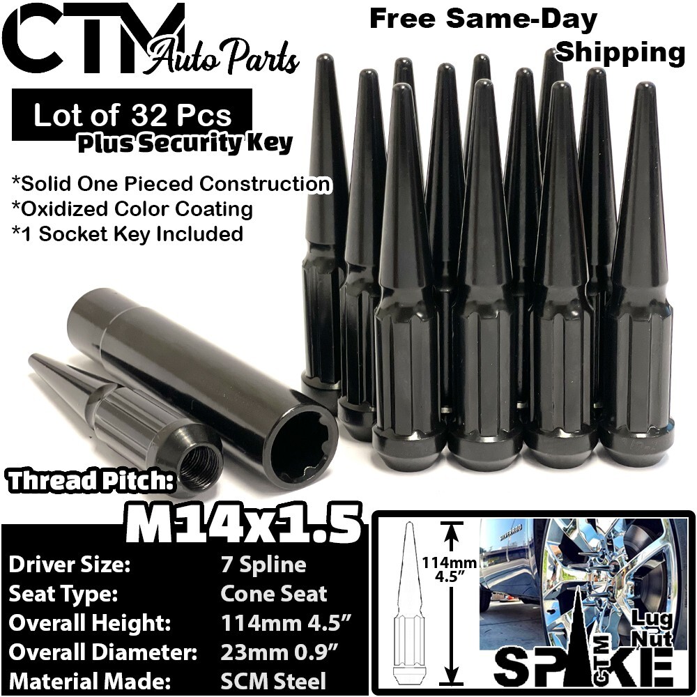 32x 4.5″ Tall 14×1.5 Spline Black Spike Lug Nut + Key Fit Dodge Ram2500 Ram3500