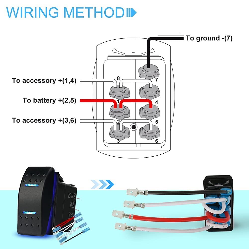 Waterproof Rocker Switch Toggle On-Off-On 12V/20A 24V/10A 7Pin DPDT Blue LED