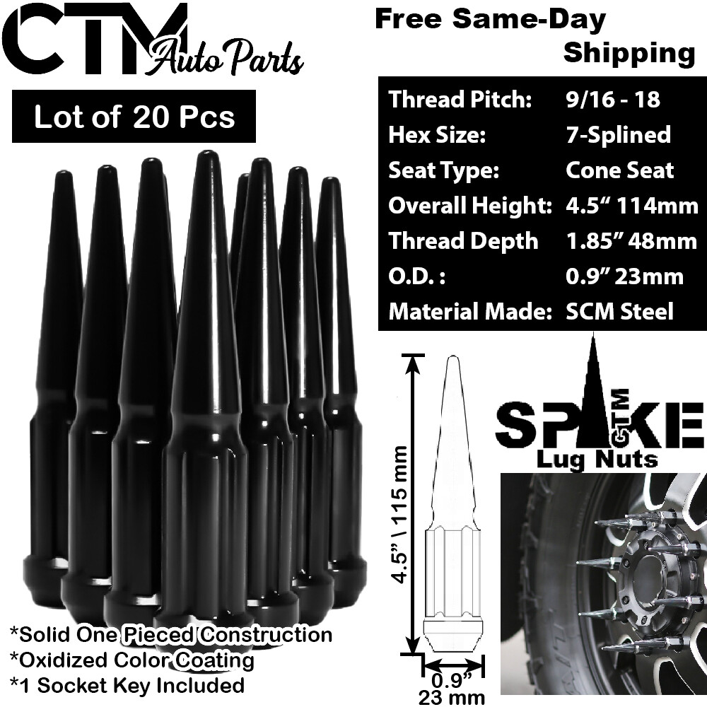 20Pc 4.5″ TALL BLACK 9/16-18 SPIKE LUG NUT+KEY FIT DAKOTA DURANGO RAM1500&MORE