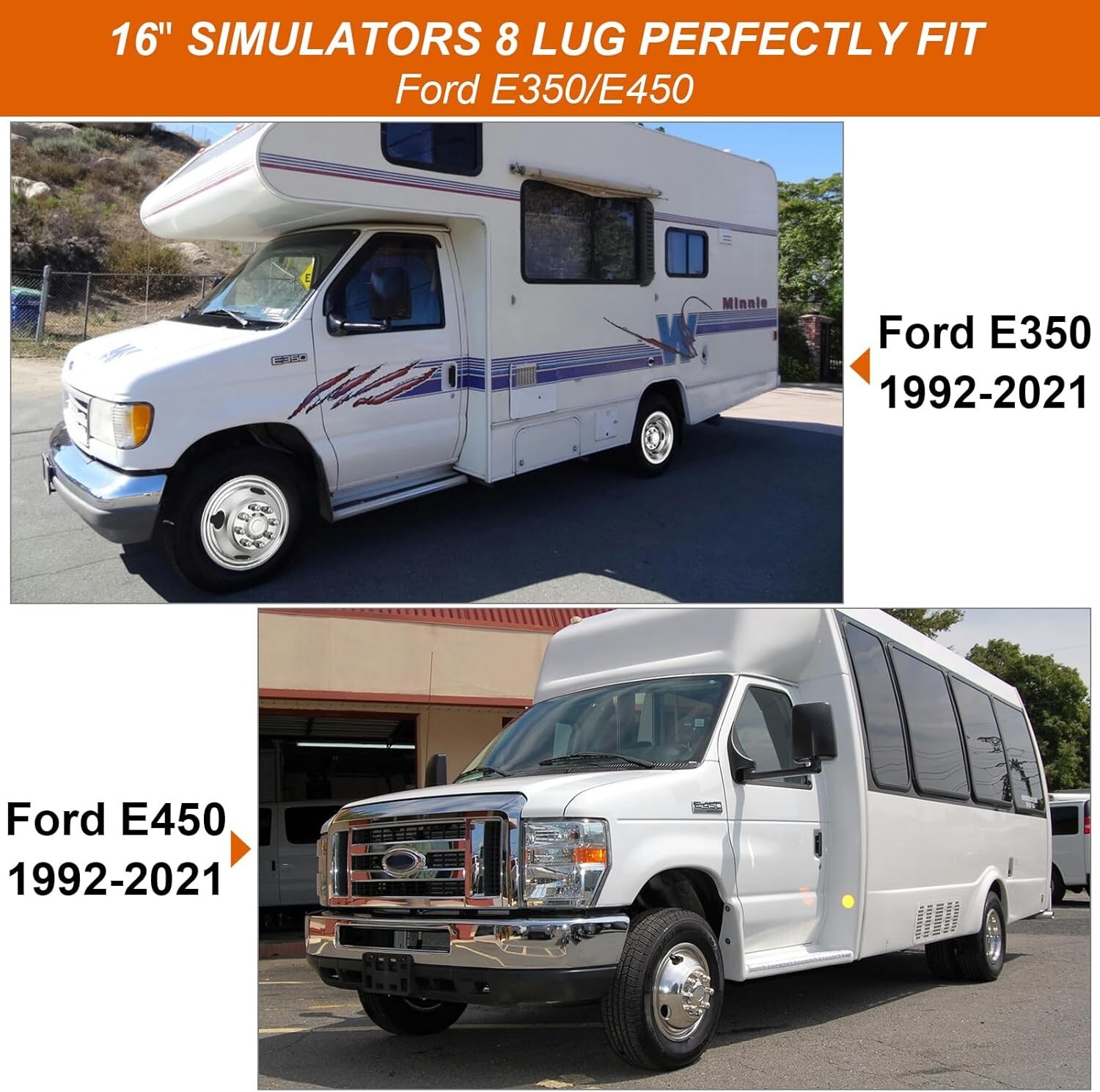 16″ 8 Lugs Wheel Simulator Stainless Steel Set For 2008-2021 Ford E350/E450 Van