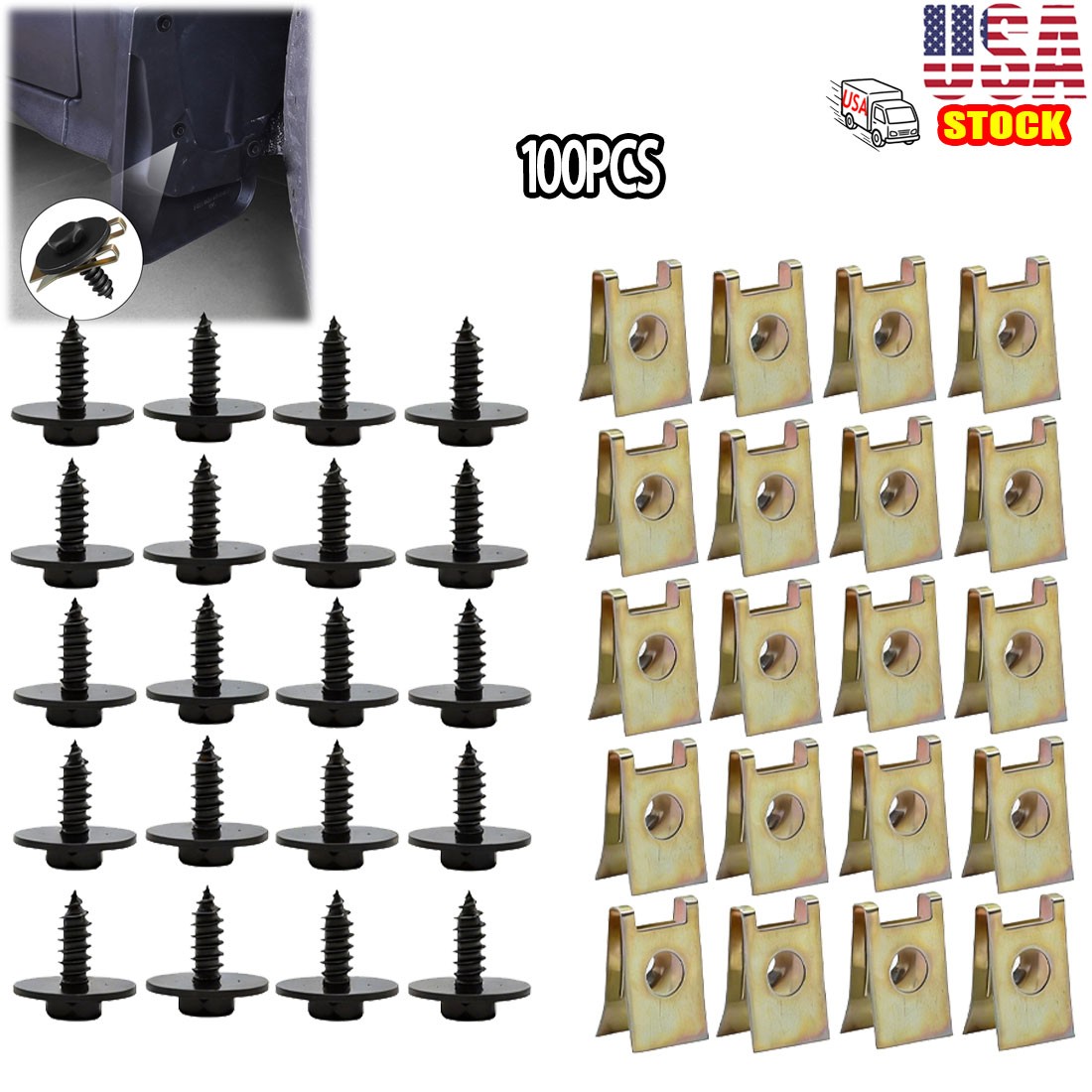 100PCS Screw And U Nut Clip Kit Car Body Fender Bumper Retainer Gasket Fastener