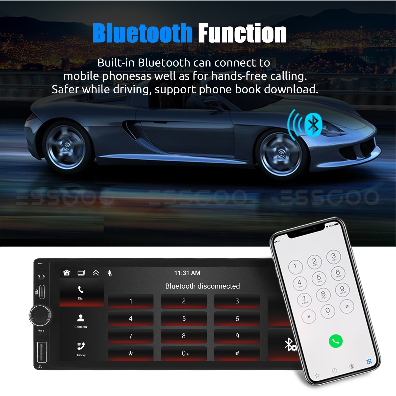 6.86″ 1 DIN Car MP5 Player Touch Screen Car Radio Stereo USB Carplay SWC+MIC&CAM
