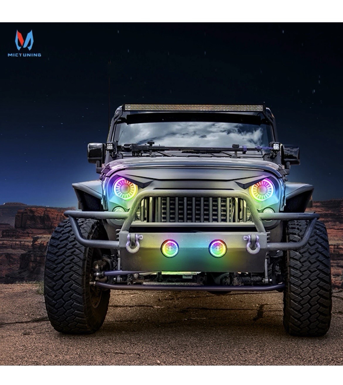 MICTUNING J1 RGB+IC 7-inch LED Headlights w/Fog Light Assembly for Jeep Wrangler