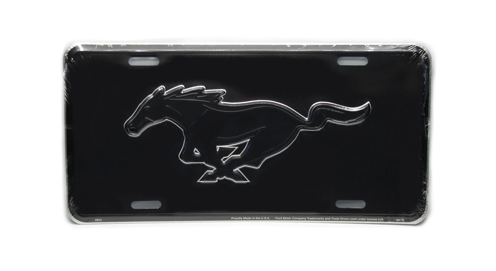 Licensed FORD MUSTANG BLACK BACKGROUND EMBOSSED METAL CAR NOVELTY LICENSE PLATE