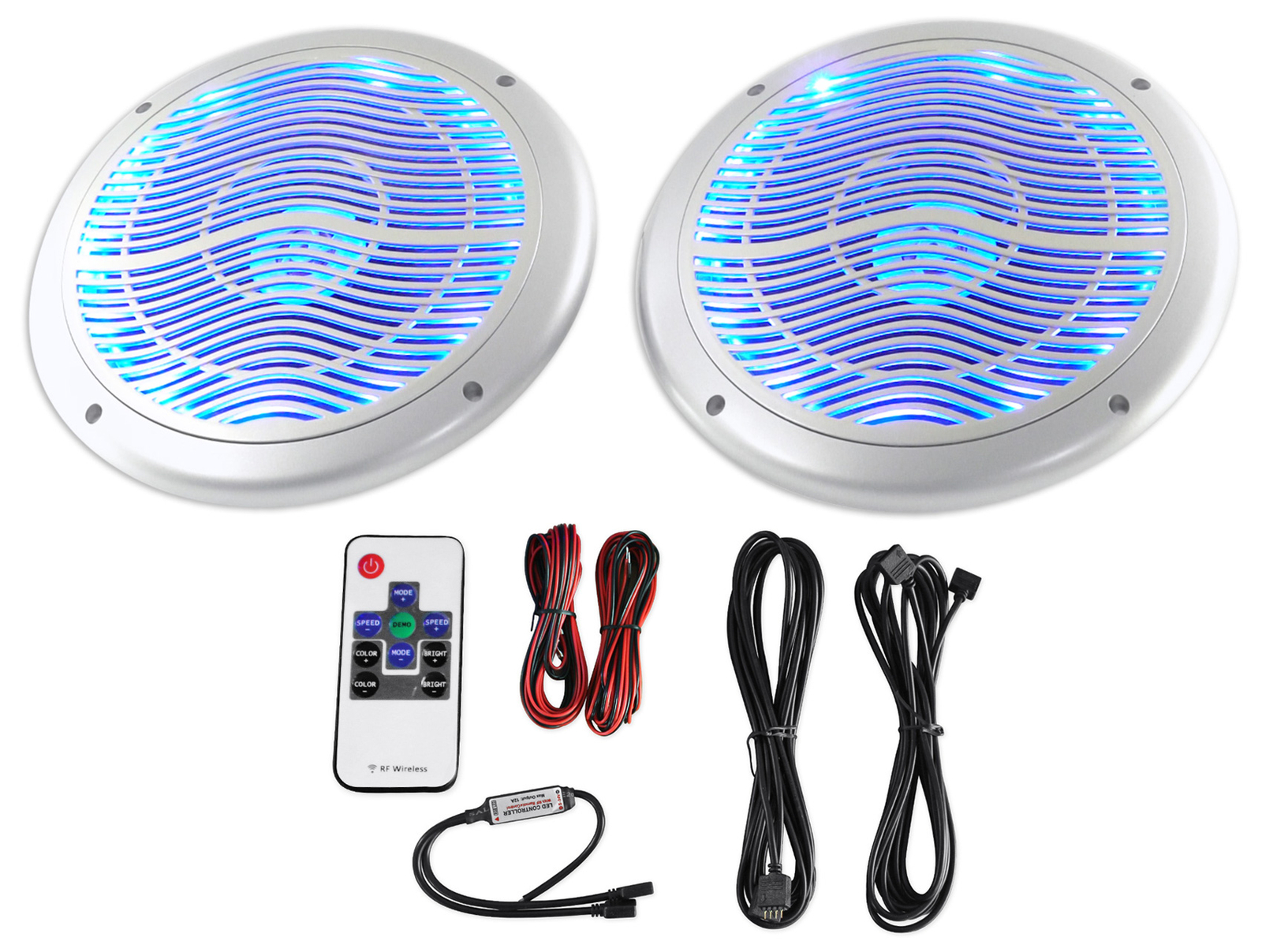 Rockville RMC65LS 6.5″ 600w 2-Way Silver Marine Speakers/Multi Color LED+Remote