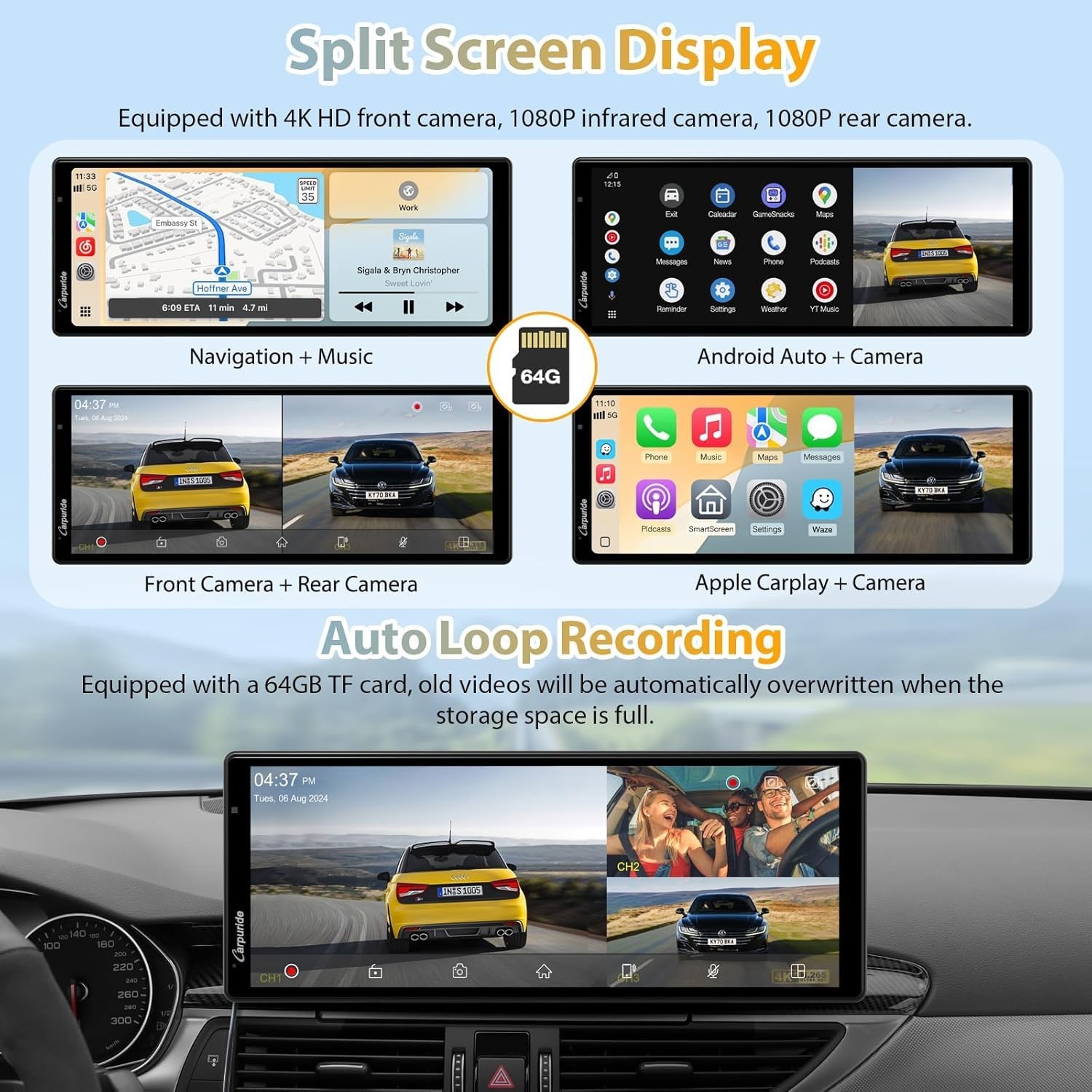 Carpuride W903S Carplay Android Auto 4K Front Cam 1080P Rear Cam Infrared Camera