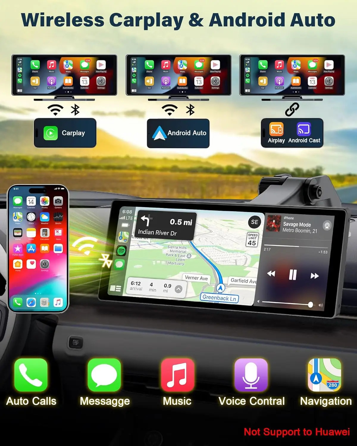 10.26″ 4K Dashcam 360° Rotating Lens Car DVR Wireless Carplay Android Auto GPS