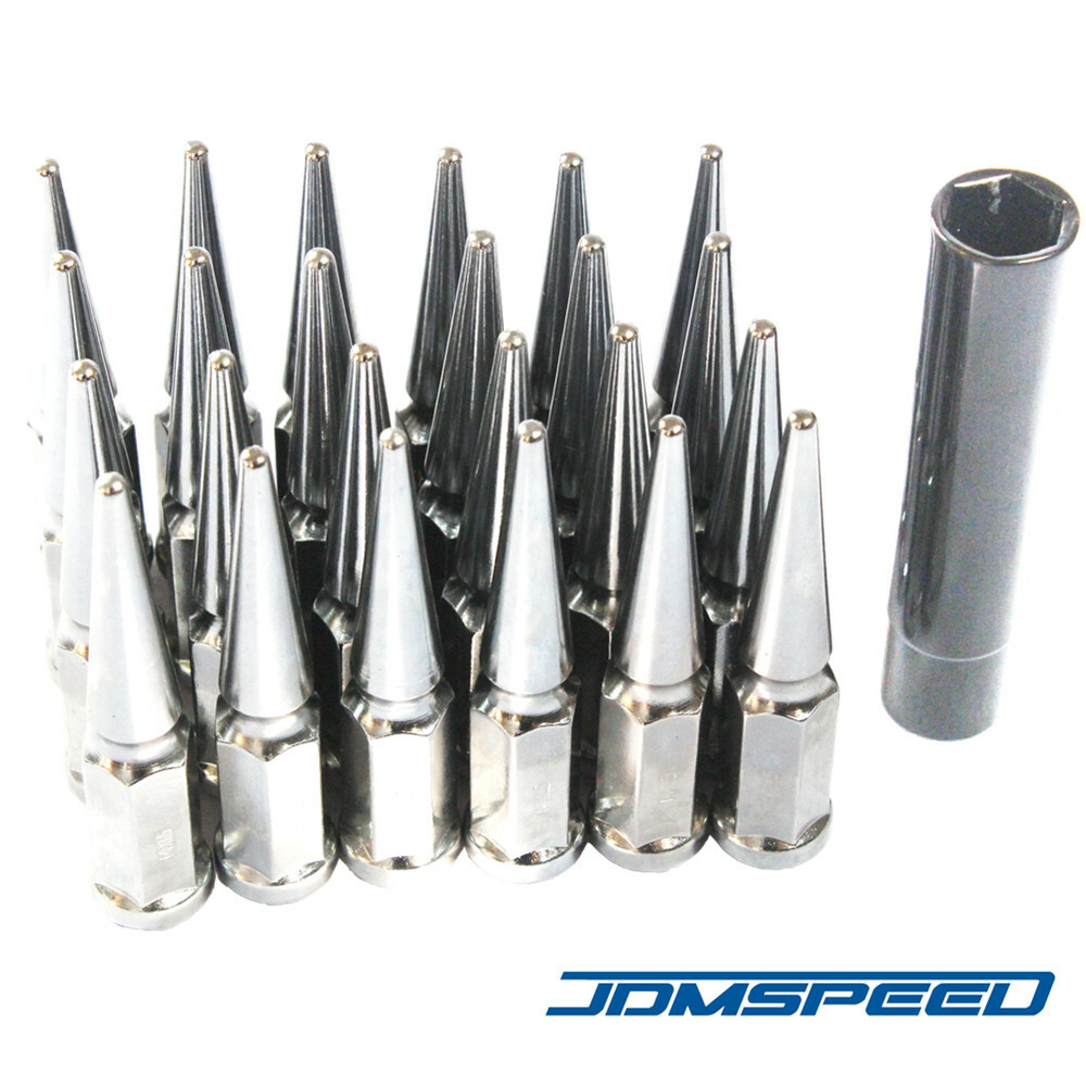 24 PCS Chrome Spike Lug Nuts 14×1.5 For Chevy Silverado Tahoe 4.4″ Tall w/ Key