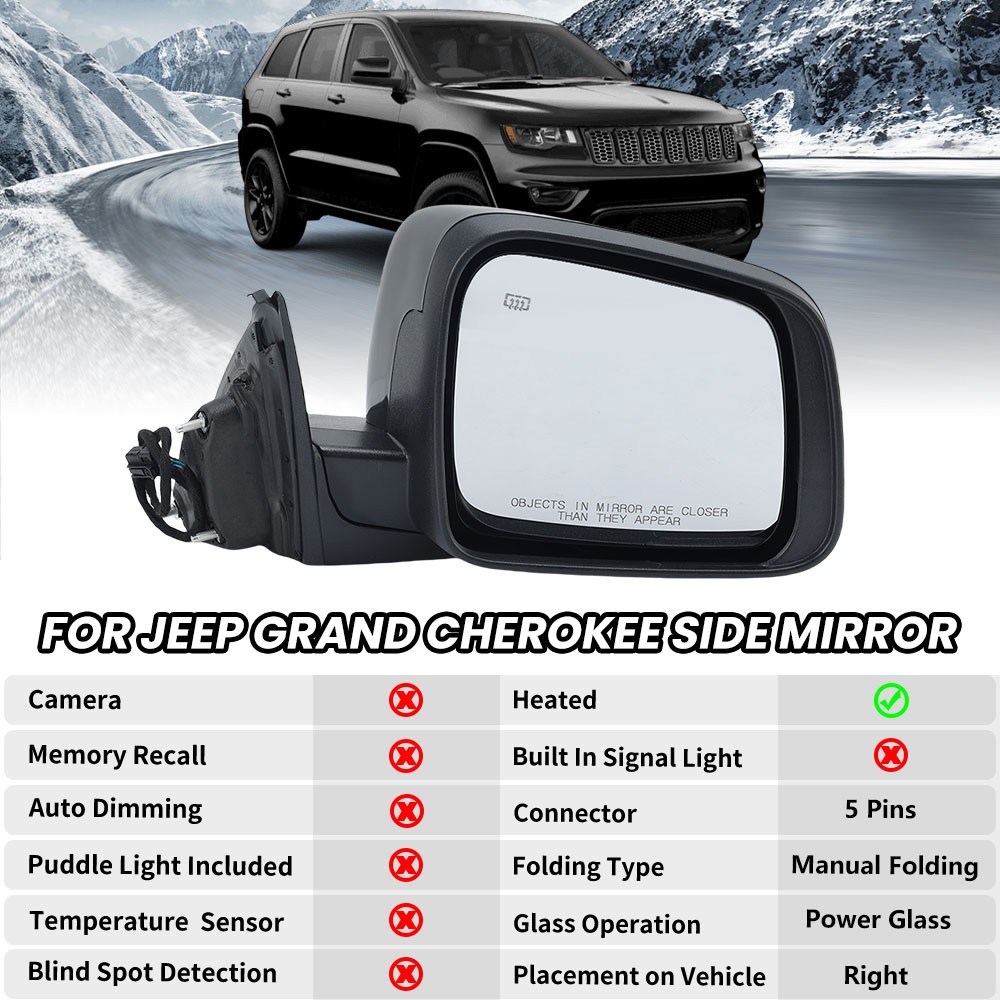 Power Heated Mirror Passenger Side for 2011-2021 Jeep Grand Cherokee Manual Fold