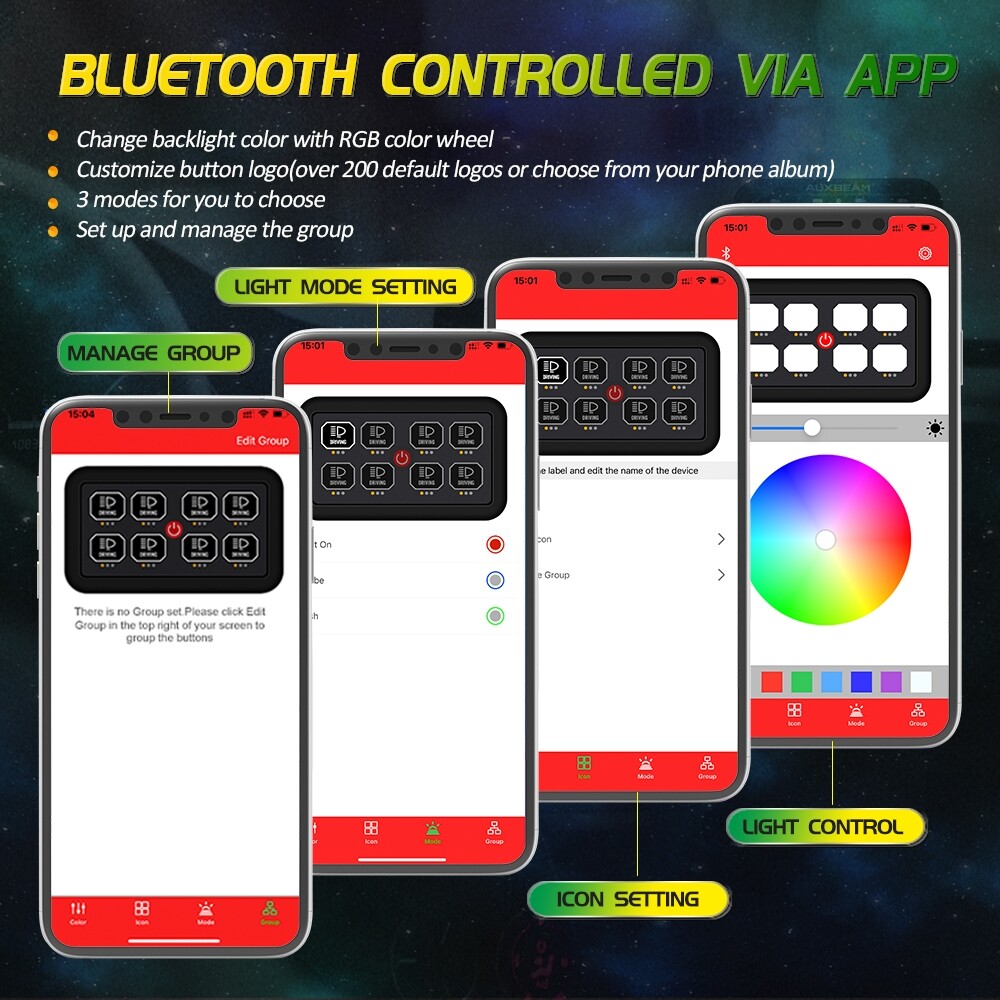 AUXBEAM AR-800 Multifunction 8 Gang RGB Switch Panel with bluetooth Controller