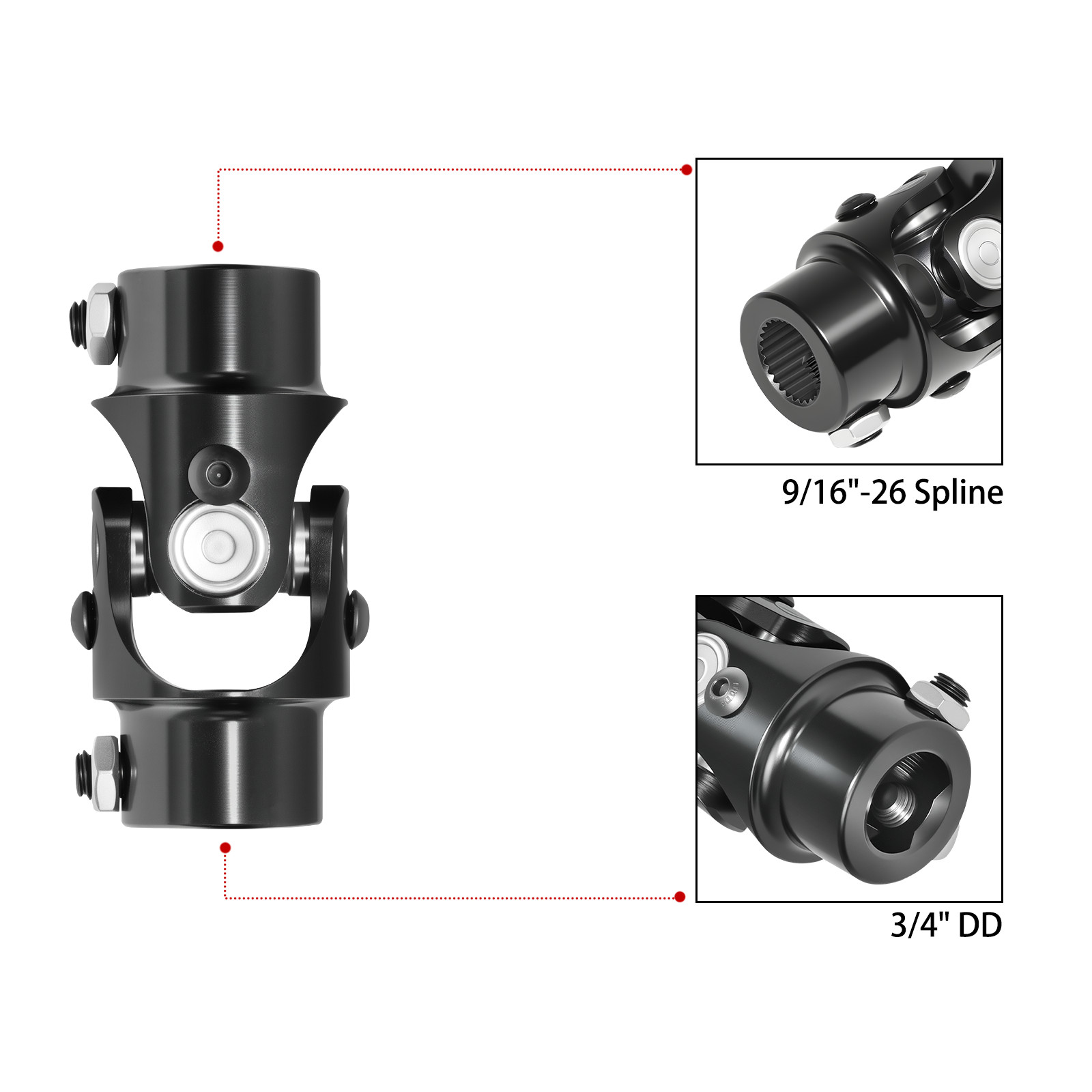 9/16″ 26 Spline X 3/4″ DD Single Steering U Joint Shaft Rat Street Rod Black