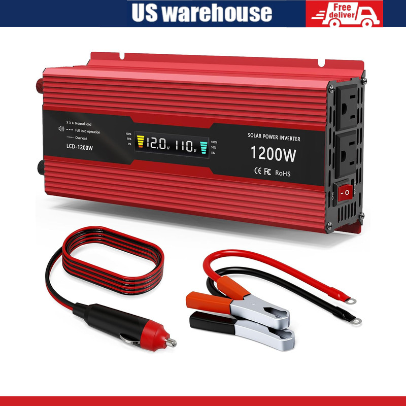1200W Car Power Inverter DC 12V to 110V AC Converter LCD Display, AC Outlets and
